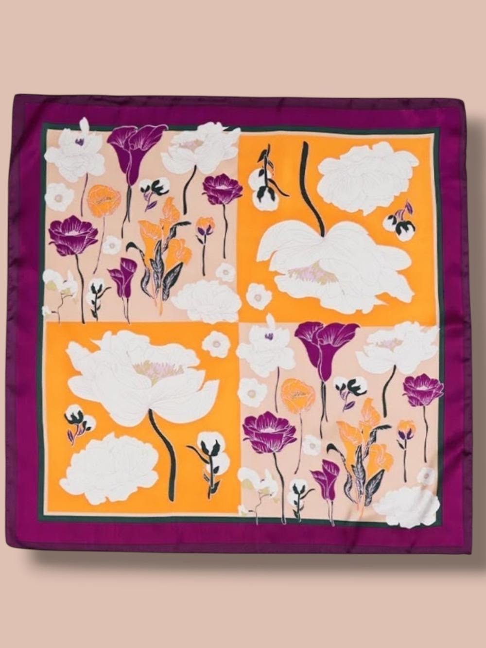 💜 "Orange Sky" Purple, Orange And White Floral Square Scarf - Picture 5 of 6